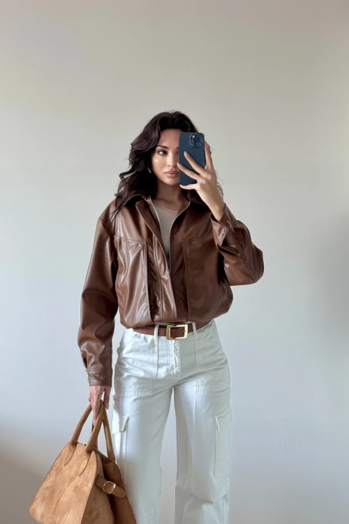 Taba Geniş Cepli Deri Ceket