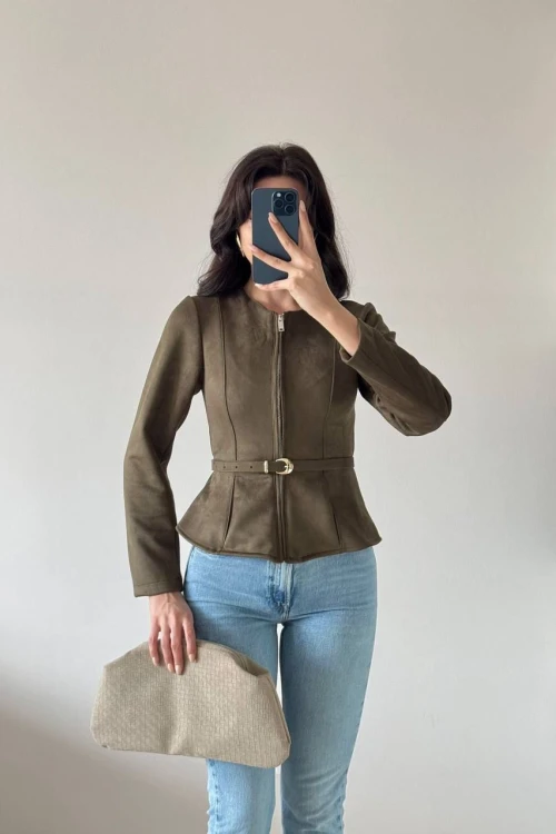 Yeşil Kemerli Süet Ceket