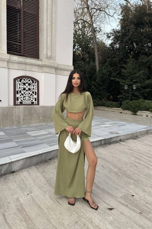 YEŞİL KETEN YIRTMAÇLI OVERSİZE TAKIM