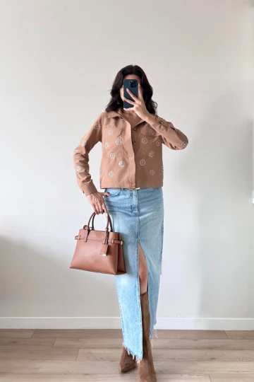 Açık Kahve Taşlı Uzun Kollu Cepli Düğmeli Süet Ceket