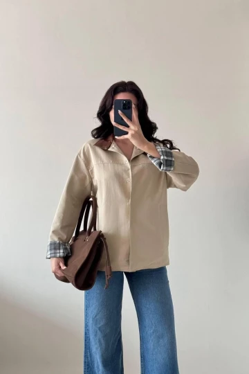 Bej Uzun Kollu Çıt Çıtlı Yakası Derili Ceket