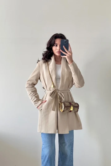 Bej Uzun Kollu Kuşaklı Trenç