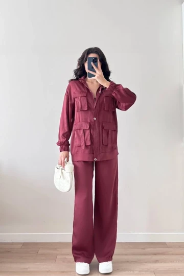Bordo Cep Detaylı Çıtçıtlı Fermuarlı Ceket Pantolon İkili Takım