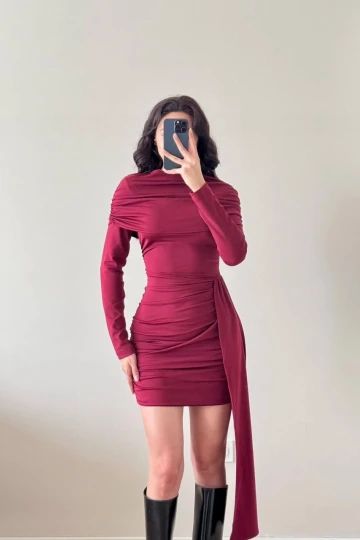 Bordo Drapeli Uzun Kollu Mini Kuyruklu Elbise