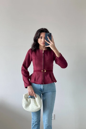 Bordo Kemerli Süet Ceket