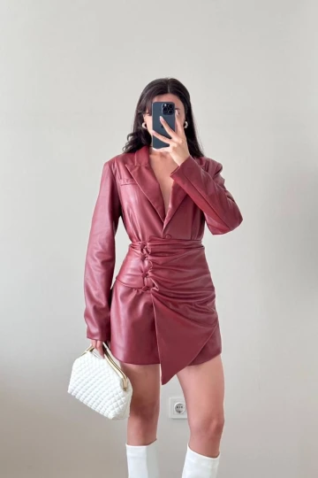 Bordo Seyyar Bağlamalı Düğmeli Deri Ceket