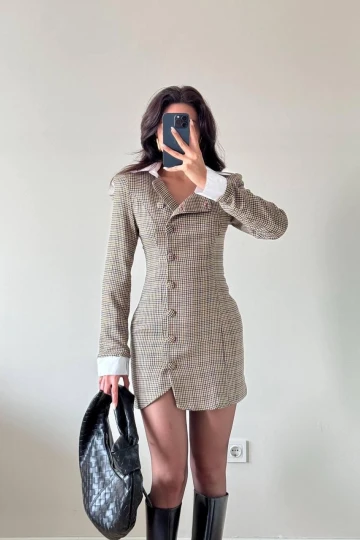 Ekoseli Uzun Kollu Mini Düğmeli Ceket Elbise