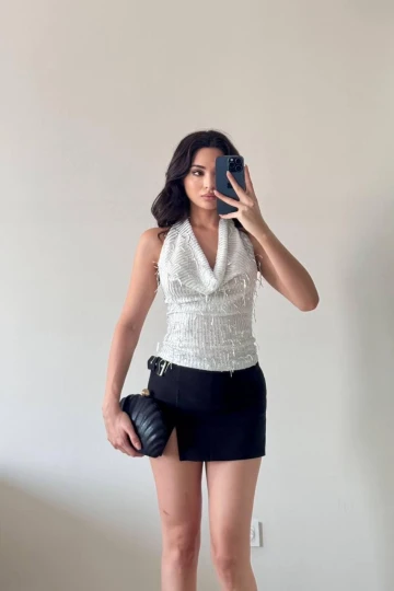 Gri Pul Payet Degaje Yaka Bluz