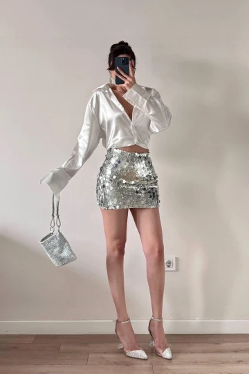 Gri Pul Payet Mini Etek