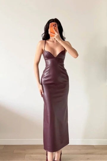 Kadın Bordo Askılı Deri Elbise
