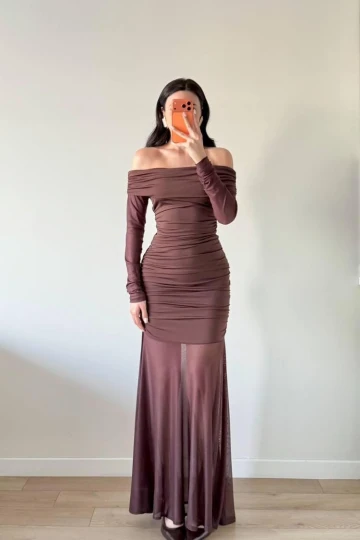 Kahve Straplez Kol Ve Etek Tüllü Maxi Elbise