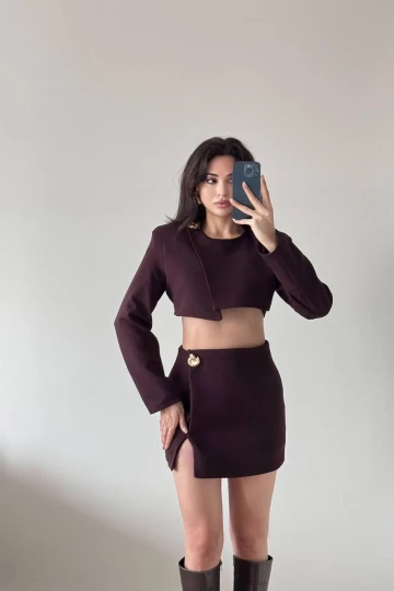 Kahverengi Ceket Etek Şortlu İkili Takım