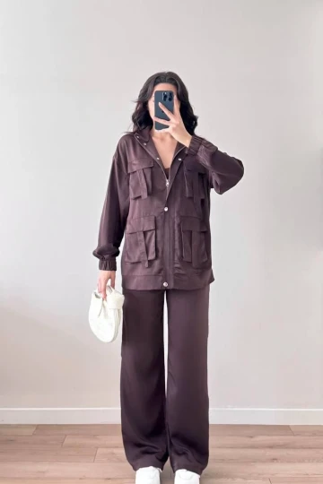 Kahverengi Cep Detaylı Çıtçıtlı Fermuarlı Ceket Pantolon İkili Takım