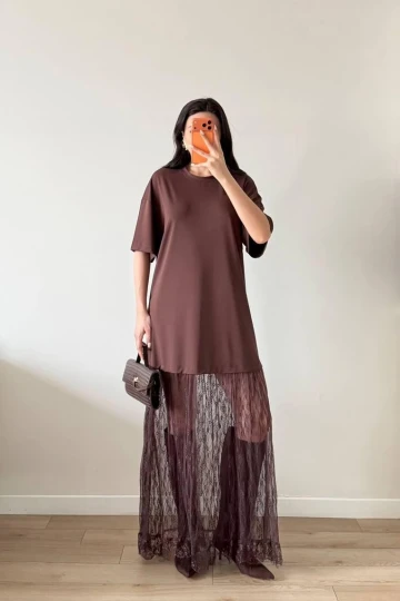 Kahverengi Dantel Detaylı Oversize Elbise