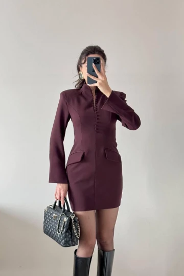 Kahverengi Kaplama Düğmeli Süs Cepli Mini Elbise