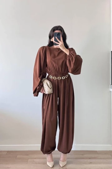 Kahverengi Kolları Pileli Beli Büzgülü Maxi Tulum