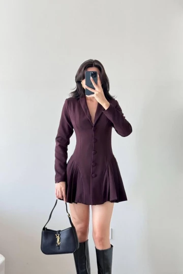 Kahverengi Pileli Kaplama Düğmeli Ceket Elbise