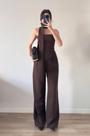 Kahverengi Şallı Büstiyer Pantolon İkili Takım