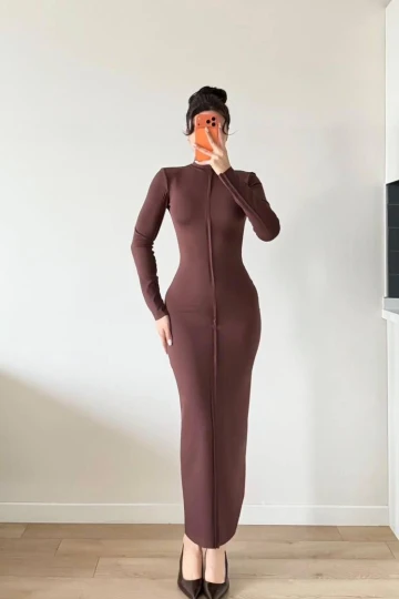 Kahverengi Uzun Kollu Maxi Elbise