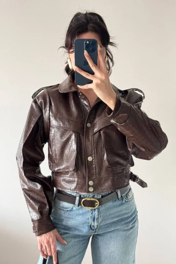 Kahverengi Yılan Desenli Deri Ceket