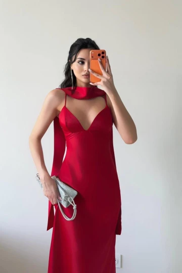 Kırmızı Saten Şallı Midi Elbise