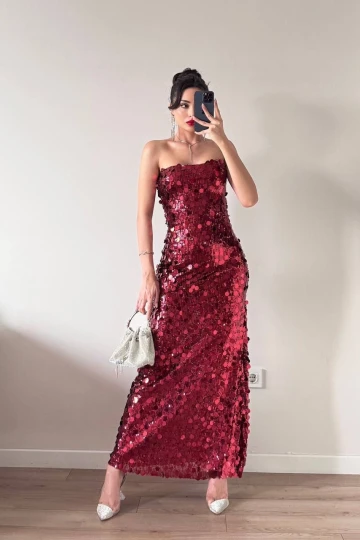 Kırmızı Straplez Pul Payet Maxi Elbise