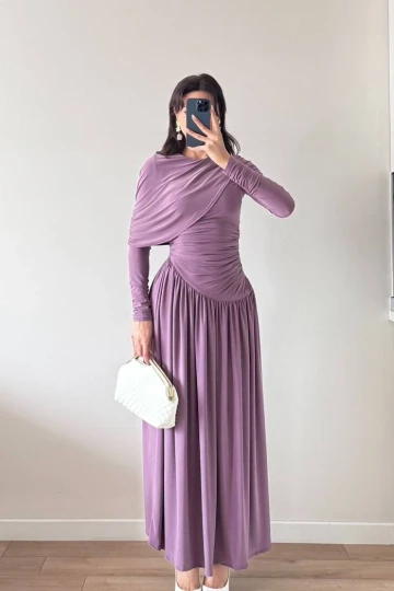 Mor Drapeli Dökümlü Maxi Elbise