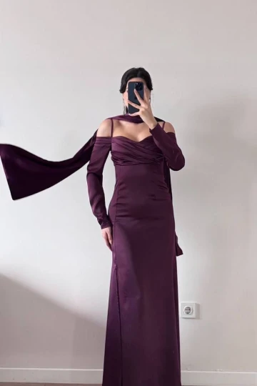 Mor Saten Askılı Şallı Yırtmaçlı Maxi Elbise