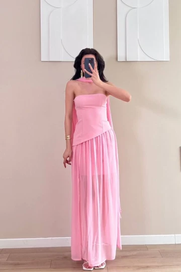 Pembe Şallı Etek Pileli Şifon Midi Yırtmaçlı Elbise