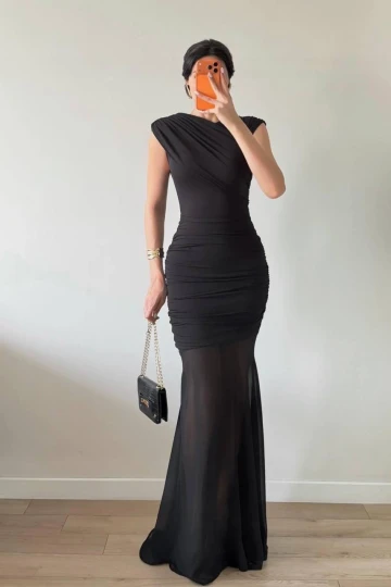 Siyah Drapeli Transparan Etekli Maxi Elbise