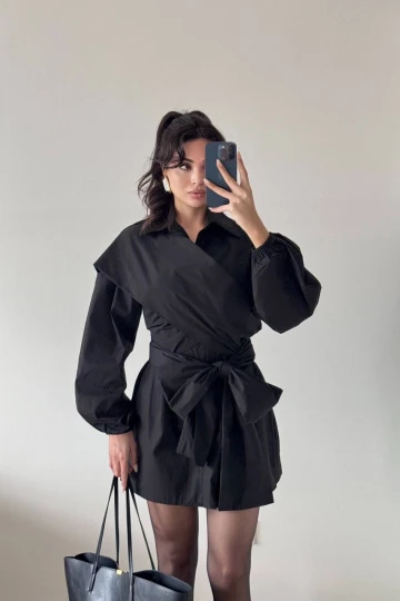Siyah Omuzdan Çarpraz Fiyonk Bağlamalı Uzun Kollu Mini Elbise