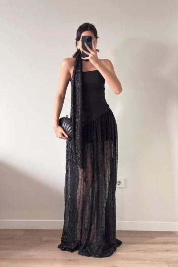 Siyah Pul Payet Şallı Maxi Yırtmaçlı Elbise