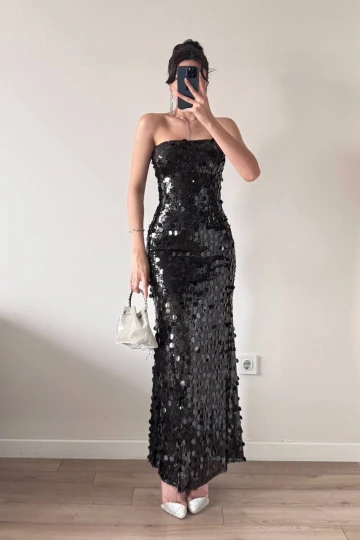 Siyah Straplez Pul Payet Maxi Elbise
