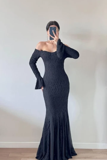Siyah Straplez Yaka Maxi Dantelli Şifonlu Elbise