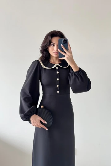 Siyah Uzun Kollu Bebe Yaka Midi Elbise
