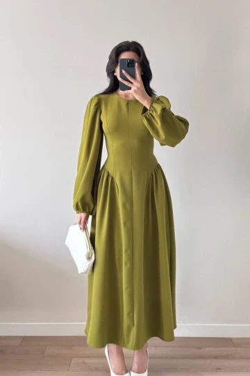 Yeşil Sırt Kuşak Bağlamalı Uzun Kollu Maxi Balon Kol Elbise